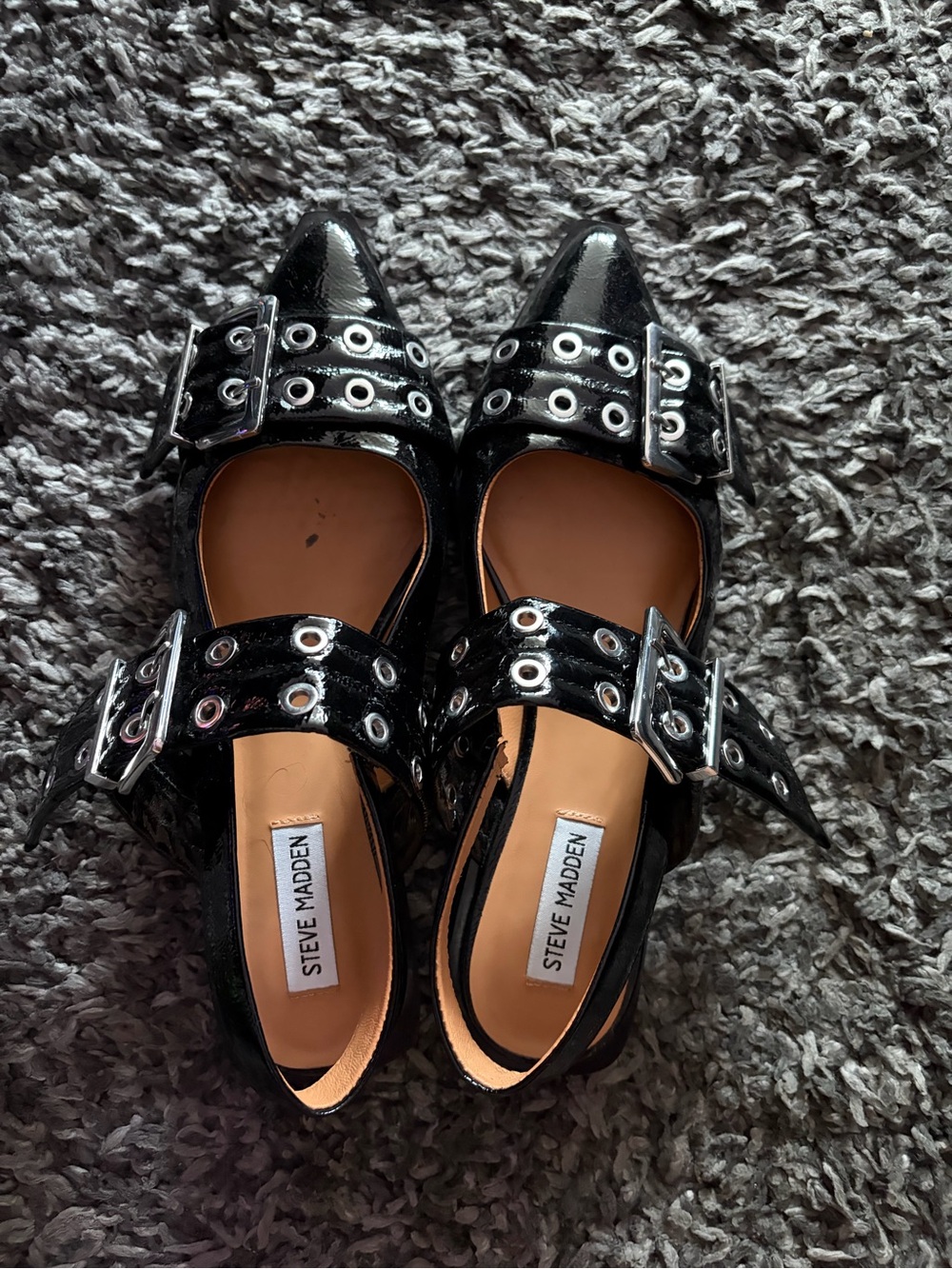 Steve Madden Black Patent Pointed Buckle Flats